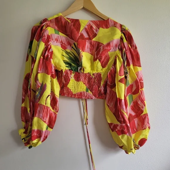 Farm Rio, Sweet Jungle Lime Crop‎ Top, Lime Yellow/Red/Pink, Size XS - Picture 7 of 16